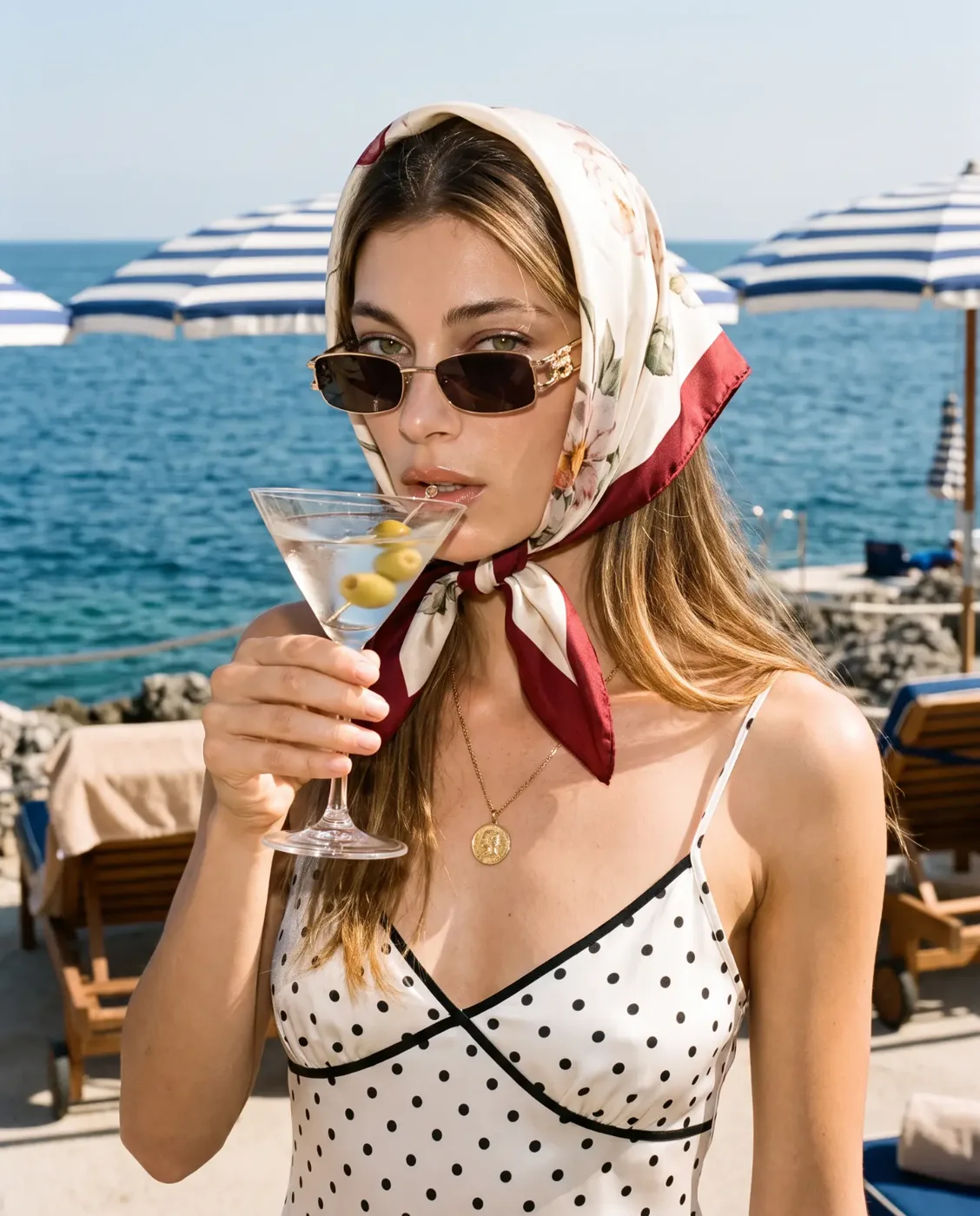 AI-generated editorial fashion portrait, seaside beach club, film look